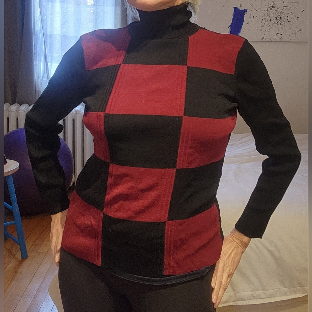 Burgundy and Black Checkered Turtleneck Sweater